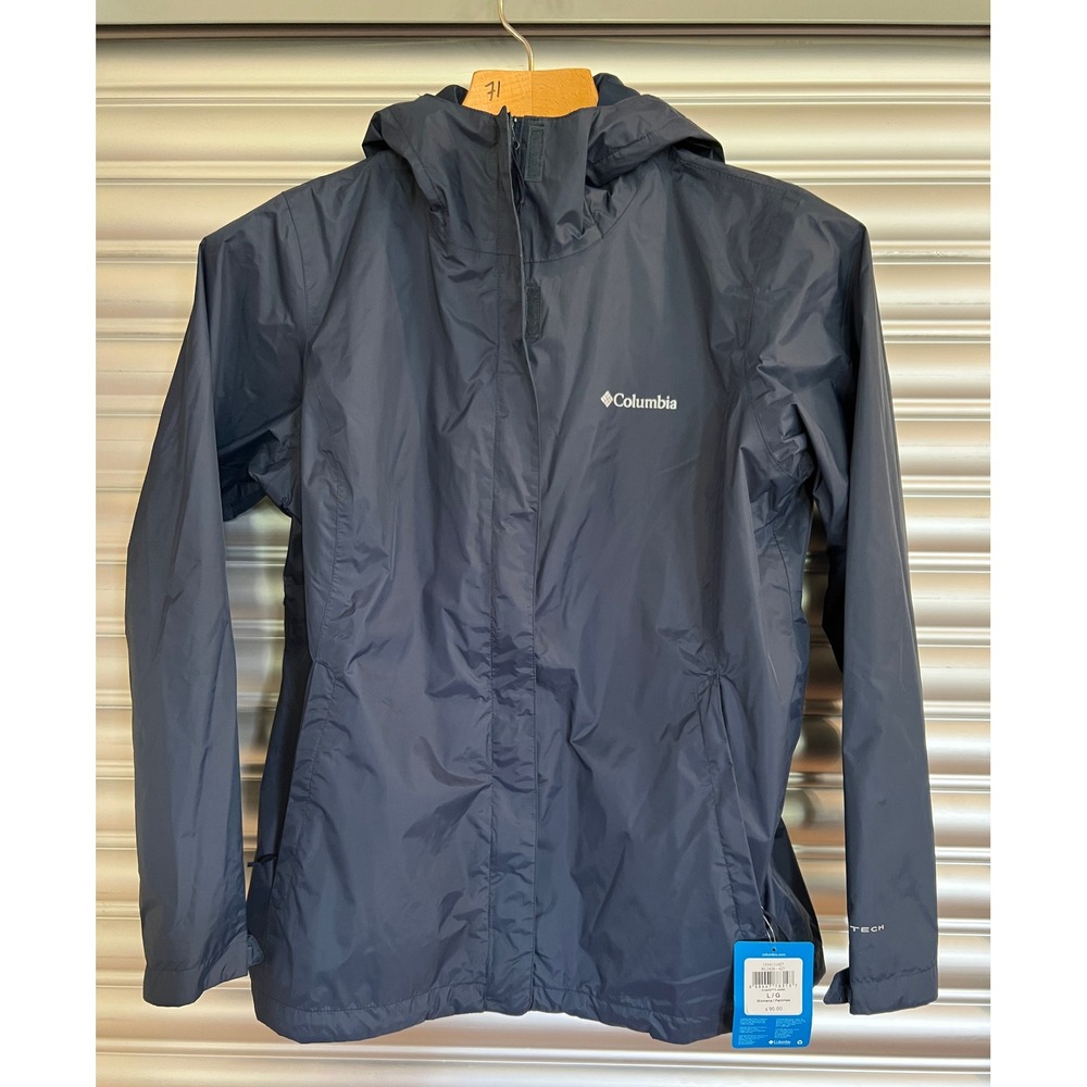 Columbia Arcadia II Rain Jacket Navy Blue Waterproof Hooded Womens L NEW!